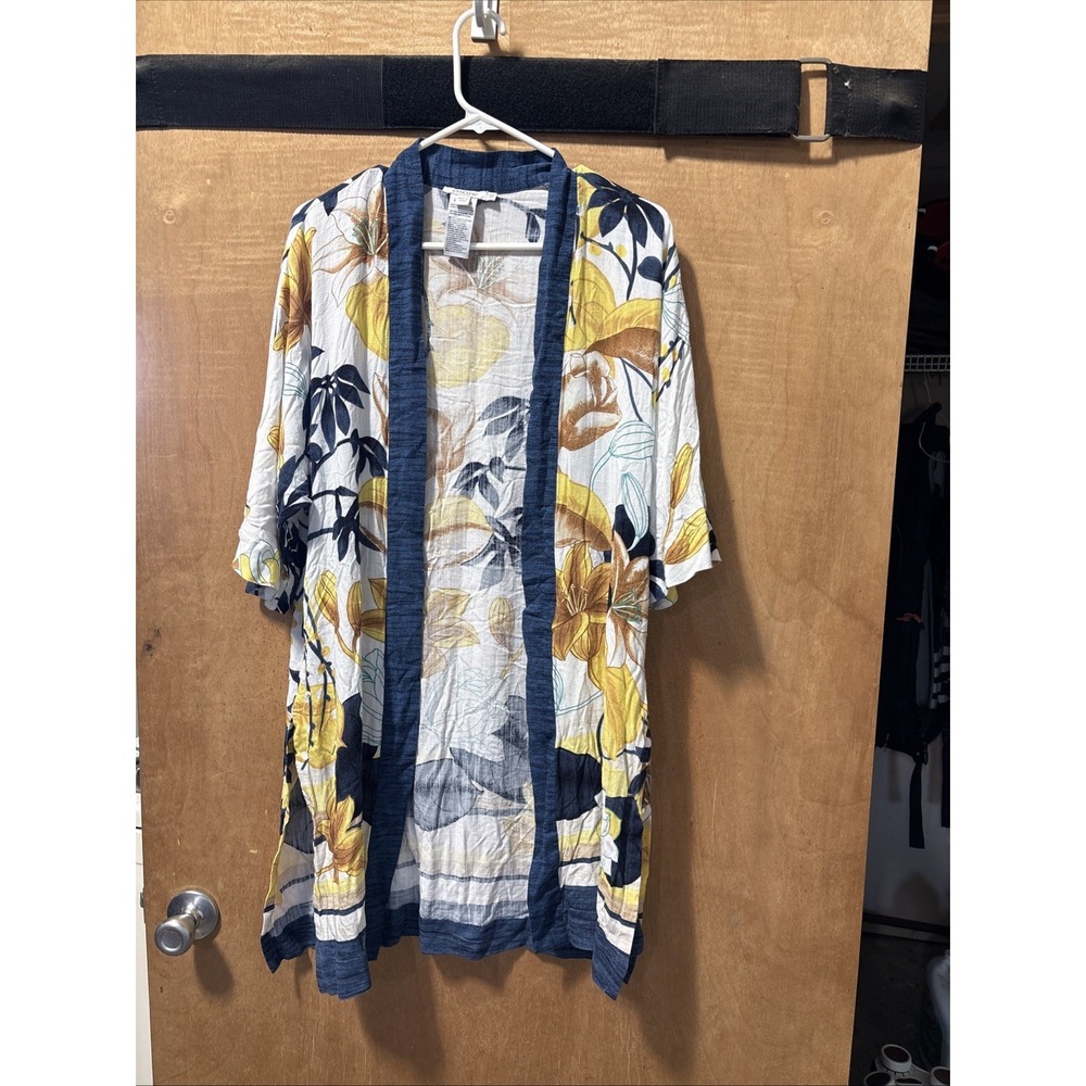 Chico's Tropical Ruana Wrap Size XXS/XS Lightweight Kimono Sleeves Yellow Navy